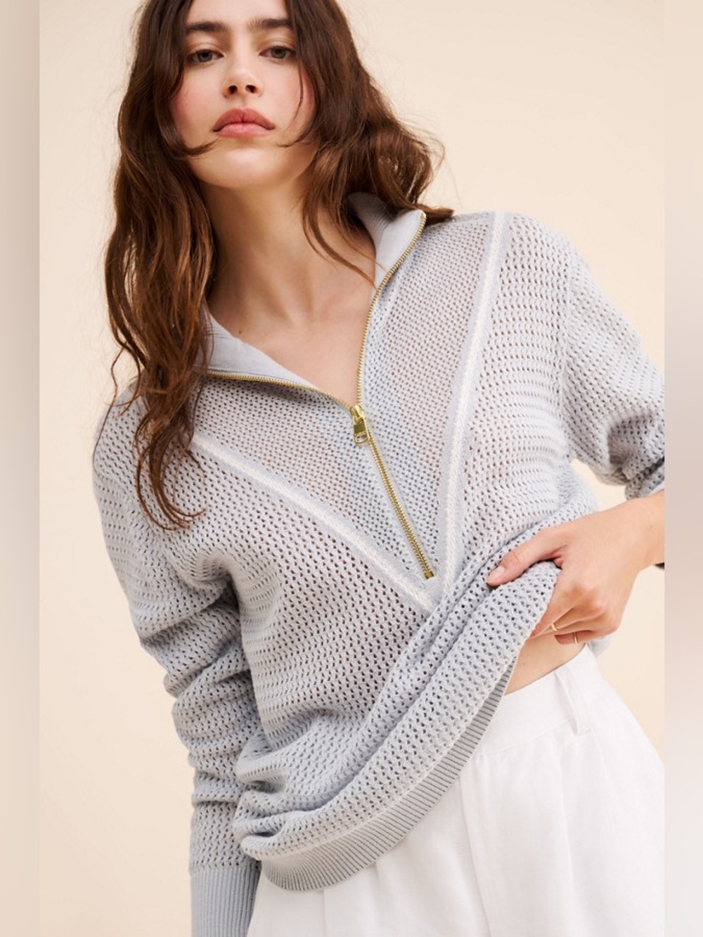 VARLEY • Calva knit Light Gray Half-Zip Sweater XL